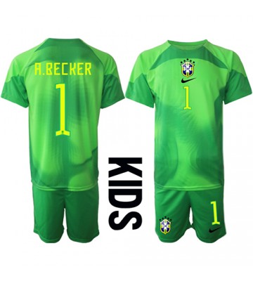 Brazylia Alisson Becker #1 Bramkarskie Koszulka Wyjazdowych Dziecięca MŚ 2022 Krótki Rękaw (+ Krótkie spodenki)